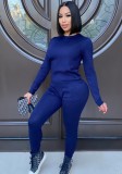 Fall Casual Blue Round Neck Long Sleeve Top And Pocket Pant Set