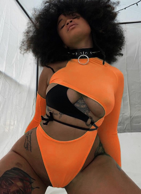 Fall Sexy Orange Open Shoulder Hollow Out Bodysuit