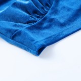 Fall Sexy Blue Velvet Long Sleeve Crop Top
