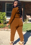 Winter Casual Brown Crop Two Piece Tracksuit