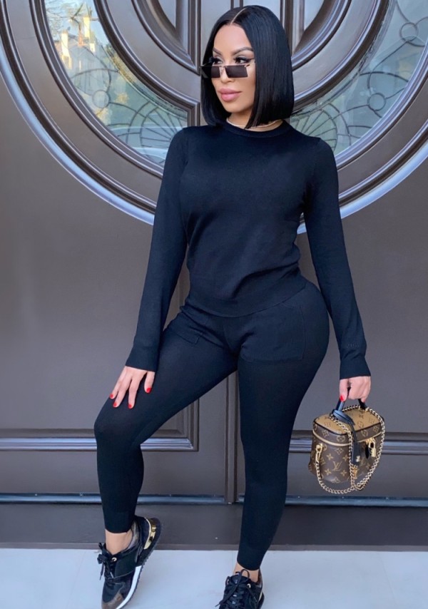 Fall Casual Black Round Neck Long Sleeve Top And Pocket Pant Set