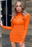 Fall Sexy Orange High Neck Long Sleeve Basic Mini Dress
