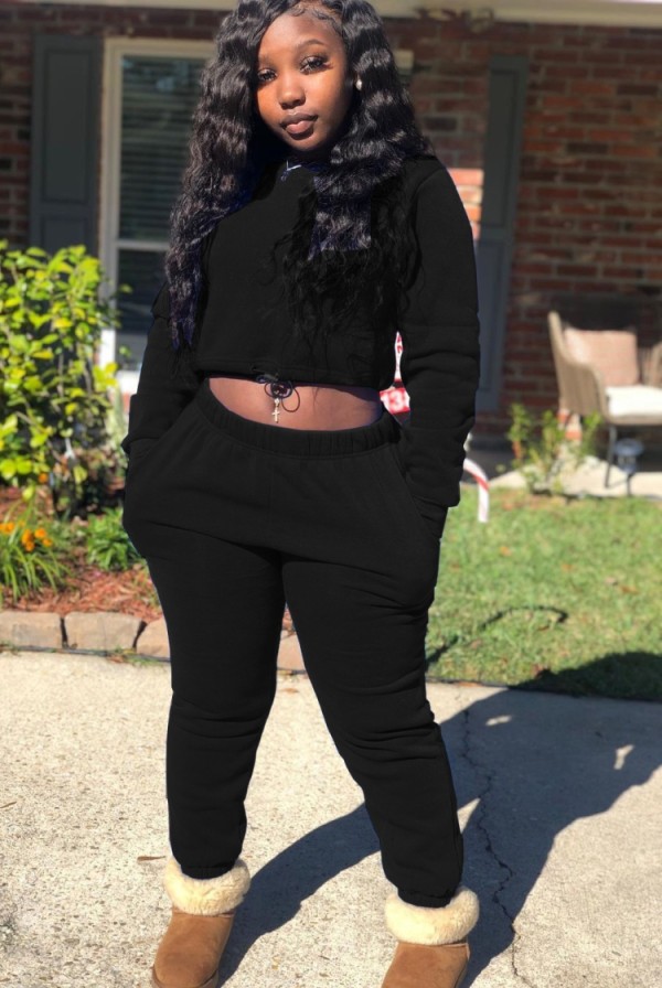 Winter Casual Black Crop Two Piece Tracksuit