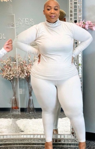 Fall Plus Size Casual White High Neck Long Sleeve Top And Pant Set