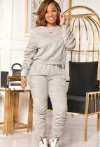 Fall Casual Grey Round Neck Ruffles Long Sleeve Top And Stacked Pant Set
