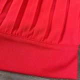 Autumn Red Occassional Pleated Puff Sleeve Cropped Top and High Waist Pants Set