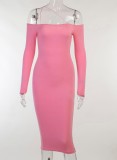 Fall Sexy Pink Straps Off Shoulder Long Sleeve Tight Midi Dress