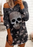 Fall Casual Halloween Skull Printed Long Sleeve Casual Dress