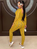 Fall Yellow Crescent Print Long Sleeve Jumpsuit