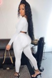 Fall Sexy White Irregual Neck Long Sleeve Crop Top And Pant Set