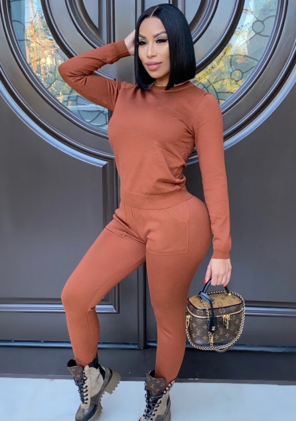 Fall Casual Brown Round Neck Long Sleeve Top And Pocket Pant Set