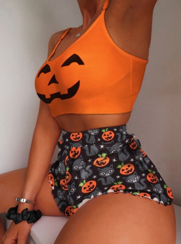 Fall Pumpkin Print Halloween Crop Tank and Match Shorts Set