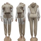 Fall Fashion White Blocked Long Sleeve Hoodie And Pant Two Piece Set