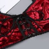 Sexy Red Velvet Lace-up Bra and Panty Lingerie Set