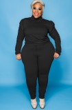 Fall Plus Size Black High Neck Ruffles Long Sleeve And Pant Two Piece Set