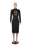Fall Sexy Black Hollow Out High Neck Long Sleeve Long Dress