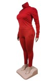 Fall Plus Size Red High Neck Ruffles Long Sleeve And Pant Two Piece Set
