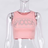 Fall Sexy Pink Beaded Round Neck Sleeveless Tight Crop Vest