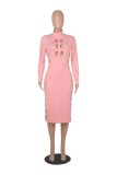 Fall Sexy Pink Hollow Out High Neck Long Sleeve Long Dress