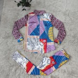 Fall Fashion Retro Print Button Long Sleeve Shirt And Pant Matching Set