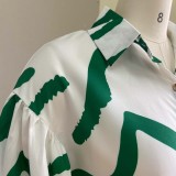Fall Casual Green Stripes Printed White Puff Sleeve Loose Shirt Dress