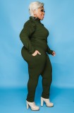 Fall Plus Size Green High Neck Ruffles Long Sleeve And Pant Two Piece Set