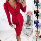 Fall Sexy Red V Neck Long Sleeve With Belt Slit Midi Dress