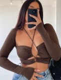 Fall Sexy Brown Halter Long Sleeve Tight Crop Top
