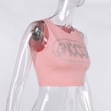 Fall Sexy Pink Beaded Round Neck Sleeveless Tight Crop Vest