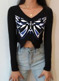 Fall Sexy Buttefly Printed Black Long Sleeve Crop Top
