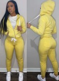 Fall Casaul Yellow Solid Hoodies And Pant Tracksuit