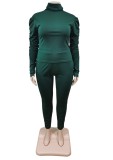 Fall Plus Size Green High Neck Ruffles Long Sleeve And Pant Two Piece Set