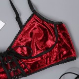 Sexy Red Velvet Lace-up Bra and Panty Lingerie Set