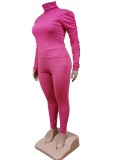 Fall Plus Size Pink High Neck Ruffles Long Sleeve And Pant Two Piece Set
