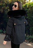 Winter Casual Black Short Loose Parka Coat with Fur Collar
