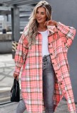 Fall Casual Red Plaid Turndown Collar Button Up Loose Long Shirt