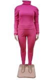 Fall Plus Size Pink High Neck Ruffles Long Sleeve And Pant Two Piece Set