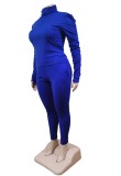 Fall Plus Size Blue High Neck Ruffles Long Sleeve And Pant Two Piece Set
