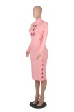 Fall Sexy Pink Hollow Out High Neck Long Sleeve Long Dress