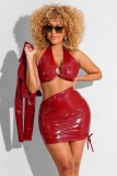 Winter Sexy Red PU Leather Halter Crop Vest and Mini Skinny Skirt with Jacket 3pcs Set