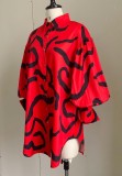 Fall Casual Black Stripes Printed Red Puff Sleeve Loose Shirt Dress