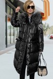 Winter Casual Black Long Puffer Jacket with Fur Collar