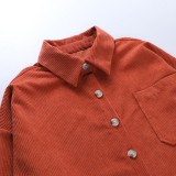 Winter Trendy Orange Corduroy Button Up Long Sleeve Loose Shirt