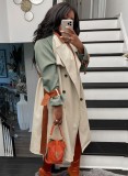 Fall Fashion Contrast Begie And Green Long Sleeve Button-Open Long Coat