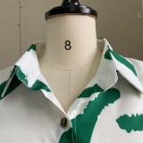 Fall Casual Green Stripes Printed White Puff Sleeve Loose Shirt Dress