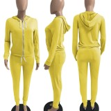 Fall Casaul Yellow Solid Hoodies And Pant Tracksuit