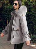 Winter Casual Gray Short Loose Parka Coat with Fur Collar
