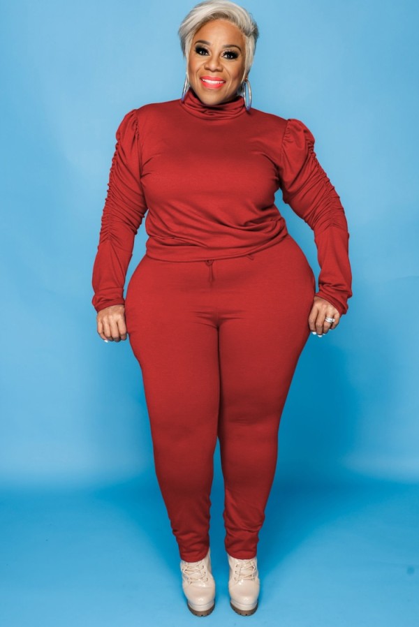 Fall Plus Size Red High Neck Ruffles Long Sleeve And Pant Two Piece Set