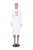 Fall Sexy White Hollow Out High Neck Long Sleeve Long Dress
