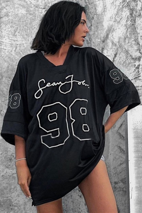 Fall Casual Black Half Sleeve Loose American Football T-Shirt Dress
